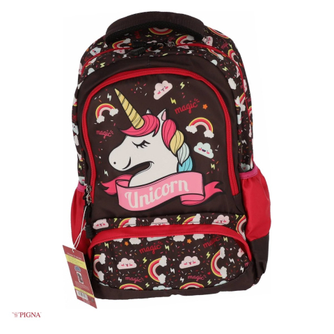 Ghiozdane si rucsacuri scolare - Ghiozdan Pigna Unicorn, capacitate 15 l, pentru prescolari, 3 fermoare, negru, 38x29x13 cm