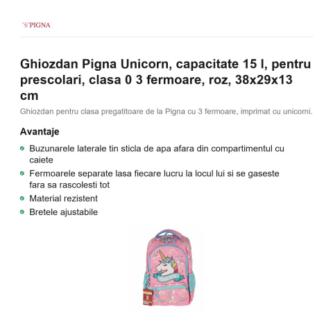Ghiozdan Pigna Unicorn, capacitate 15 l, pentru prescolari, 3 fermoare, roz, 38x29x13 cm [1]
