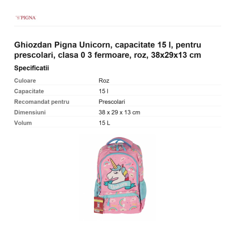 Ghiozdan Pigna Unicorn, capacitate 15 l, pentru prescolari, 3 fermoare, roz, 38x29x13 cm [2]