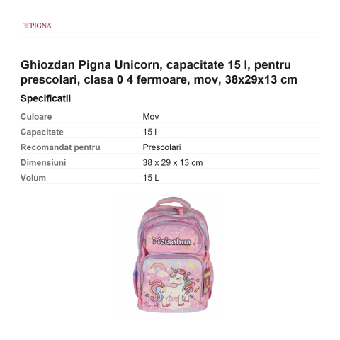Ghiozdan Pigna Unicorn, capacitate 15 l, pentru prescolari, 4 fermoare, mov, 38x29x13 cm [2]