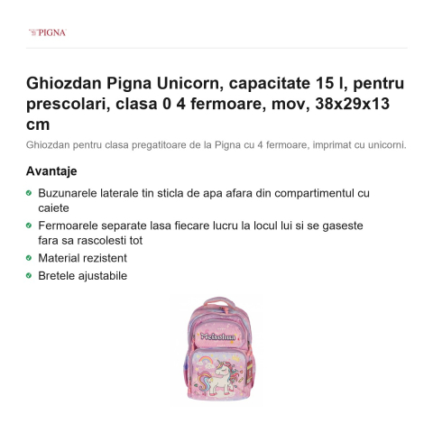 Ghiozdan Pigna Unicorn, capacitate 15 l, pentru prescolari, 4 fermoare, mov, 38x29x13 cm [1]