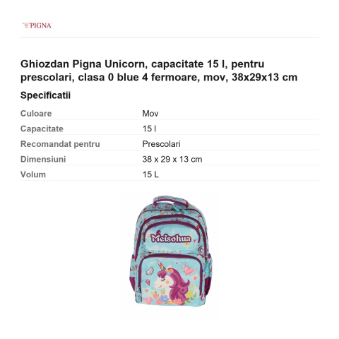 Ghiozdan Pigna Unicorn, capacitate 15 l, pentru prescolari, blue 4 fermoare, mov, 38x29x13 cm [2]