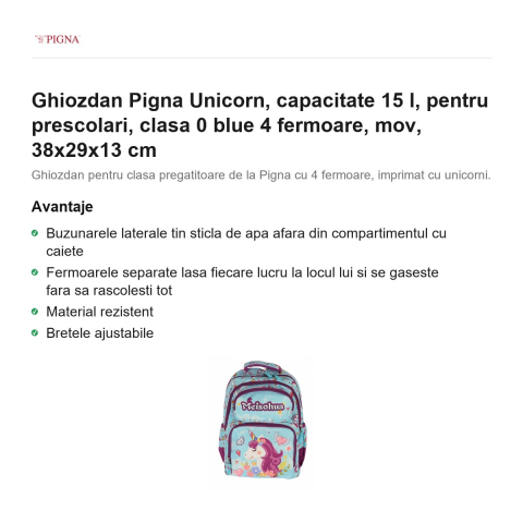 Ghiozdan Pigna Unicorn, capacitate 15 l, pentru prescolari, blue 4 fermoare, mov, 38x29x13 cm [1]