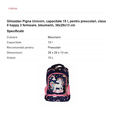 Ghiozdan Pigna Unicorn, capacitate 15 l, pentru prescolari, happy 3 fermoare, bleumarin, 38x29x13 cm [2]