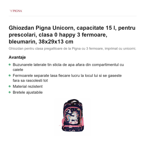 Ghiozdan Pigna Unicorn, capacitate 15 l, pentru prescolari, happy 3 fermoare, bleumarin, 38x29x13 cm [1]