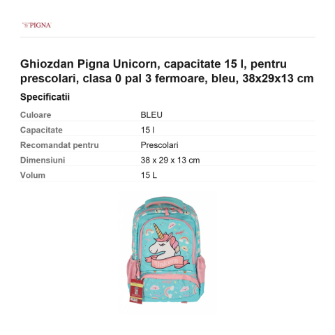 Ghiozdan Pigna Unicorn, capacitate 15 l, pentru prescolari, pal 3 fermoare, bleu, 38x29x13 cm [2]