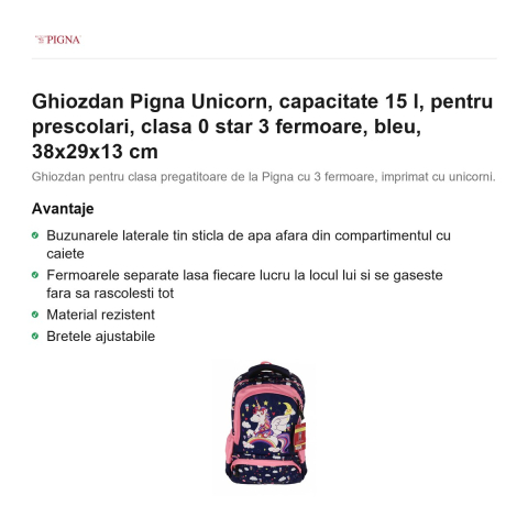 Ghiozdan Pigna Unicorn, capacitate 15 l, pentru prescolari, star 3 fermoare, bleu, 38x29x13 cm [1]