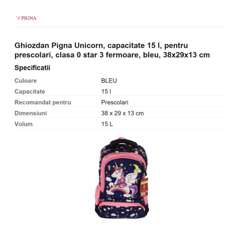 Ghiozdan Pigna Unicorn, capacitate 15 l, pentru prescolari, star 3 fermoare, bleu, 38x29x13 cm [2]