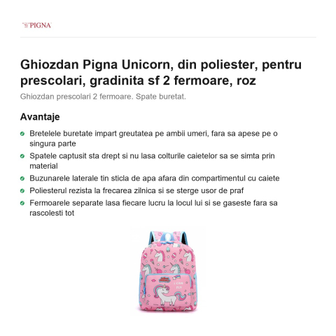 Ghiozdan Pigna Unicorn, din poliester, pentru prescolari, sf 2 fermoare, roz [1]