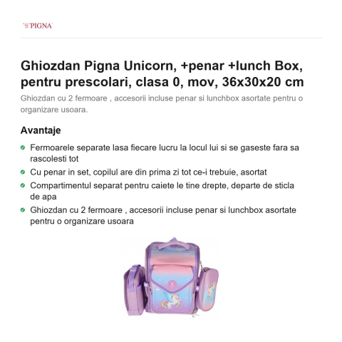 Ghiozdan Pigna Unicorn, pentru prescolari, +penar +lunch box, mov, 36x30x20 cm [1]