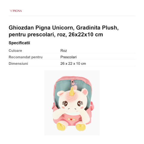 Ghiozdan Pigna Unicorn, pentru prescolari, plush, roz, 26x22x10 cm [2]