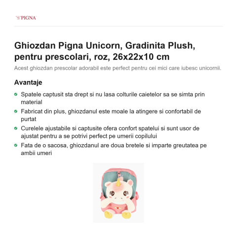 Ghiozdan Pigna Unicorn, pentru prescolari, plush, roz, 26x22x10 cm [1]