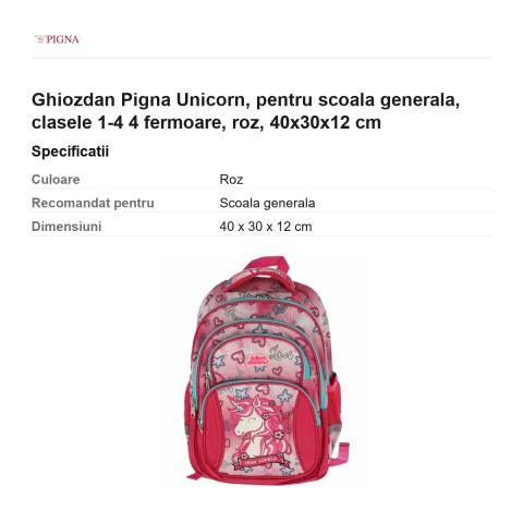 Ghiozdan Pigna Unicorn, pentru scoala generala, 4 fermoare, roz, 40x30x12 cm [2]