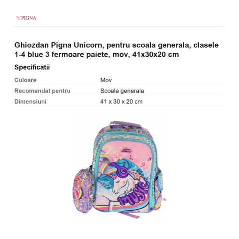 Ghiozdan Pigna Unicorn, pentru scoala generala, blue 3 fermoare paiete, mov, 41x30x20 cm [2]
