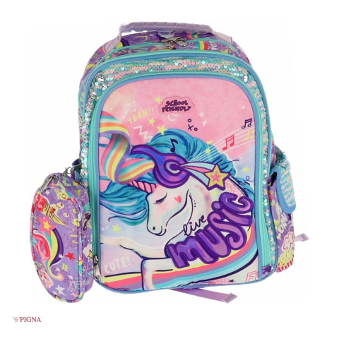 Ghiozdane si rucsacuri scolare - Ghiozdan Pigna Unicorn, pentru scoala generala, blue 3 fermoare paiete, mov, 41x30x20 cm