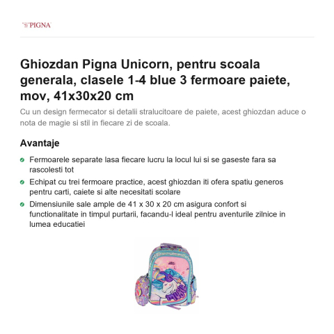 Ghiozdan Pigna Unicorn, pentru scoala generala, blue 3 fermoare paiete, mov, 41x30x20 cm [1]
