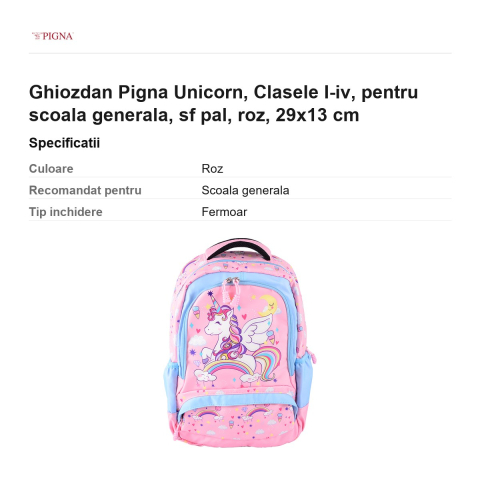 Ghiozdan Pigna Unicorn, pentru scoala generala, I-IV sf pal, roz, 29x13 cm [2]