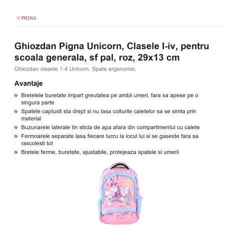 Ghiozdan Pigna Unicorn, pentru scoala generala, I-IV sf pal, roz, 29x13 cm [1]