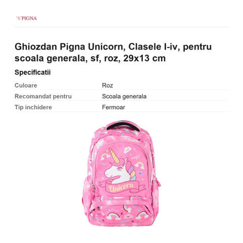 Ghiozdan Pigna Unicorn, pentru scoala generala, I-IV sf, roz, 29x13 cm [2]