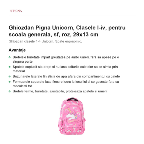 Ghiozdan Pigna Unicorn, pentru scoala generala, I-IV sf, roz, 29x13 cm [1]