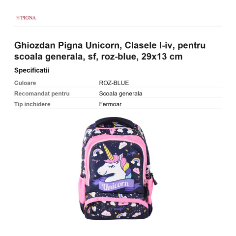 Ghiozdan Pigna Unicorn, pentru scoala generala, I-IV sf, roz-blue, 29x13 cm [2]