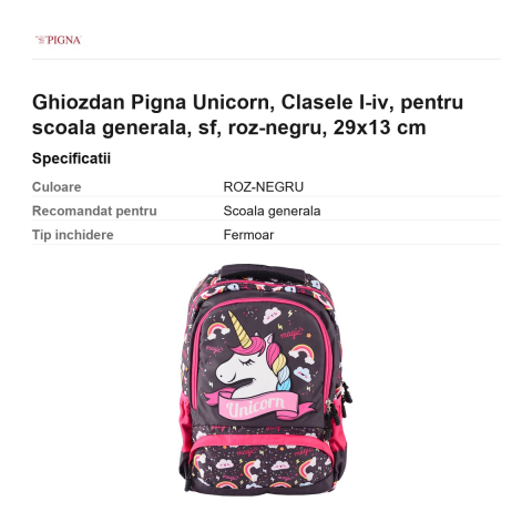 Ghiozdan Pigna Unicorn, pentru scoala generala, I-IV sf, roz-negru, 29x13 cm [2]