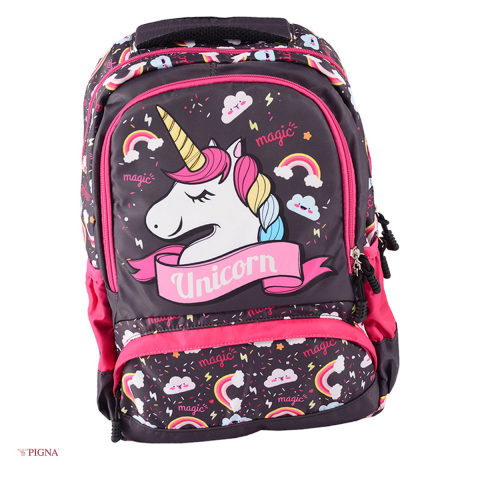 Ghiozdane si rucsacuri scolare - Ghiozdan Pigna Unicorn, pentru scoala generala, I-IV sf, roz-negru, 29x13 cm