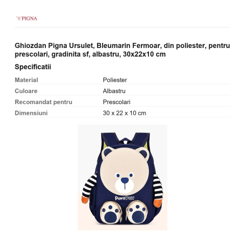 Ghiozdan Pigna Ursulet, din poliester, pentru prescolari, sf bleumarin fermoar, albastru, 30x22x10 cm [2]