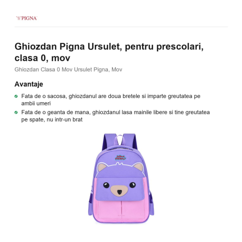 Ghiozdan Pigna Ursulet, pentru prescolari, mov [1]