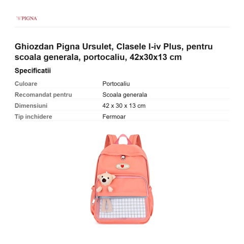 Ghiozdan Pigna Ursulet, pentru scoala generala, I-IV plus, portocaliu, 42x30x13 cm [2]