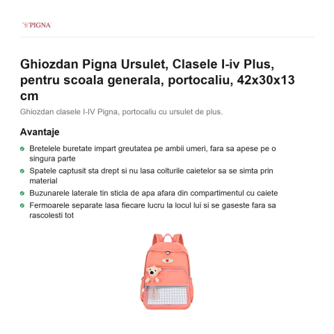 Ghiozdan Pigna Ursulet, pentru scoala generala, I-IV plus, portocaliu, 42x30x13 cm [1]