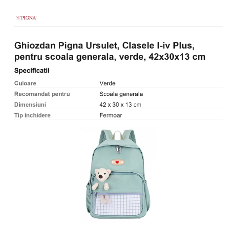 Ghiozdan Pigna Ursulet, pentru scoala generala, I-IV plus, verde, 42x30x13 cm [2]