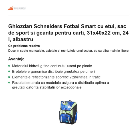 Ghiozdan Schneiders Fotbal Smart cu etui, sac de sport si geanta pentru carti, 31x40x22 cm, 24 l, albastru [1]
