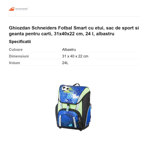 Ghiozdan Schneiders Fotbal Smart cu etui, sac de sport si geanta pentru carti, 31x40x22 cm, 24 l, albastru [2]