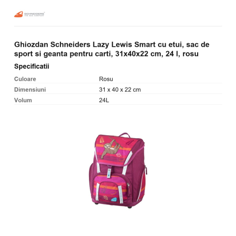 Ghiozdan Schneiders Lazy Lewis Smart cu etui, sac de sport si geanta pentru carti, 31x40x22 cm, 24 l, rosu [2]