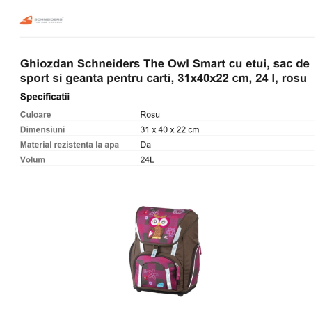 Ghiozdan Schneiders The Owl Smart cu etui, sac de sport si geanta pentru carti, 31x40x22 cm, 24 l, rosu [2]