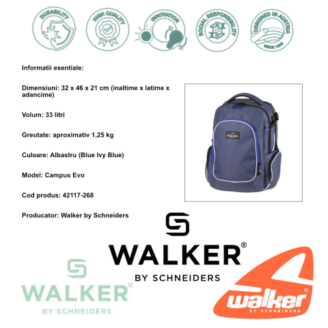 Ghiozdan scolar pentru adolescenti, Campus Evo Blue Ivy Blue, produs Walker by Schneiders, 32 x 46 x 21 cm, albastru [4]