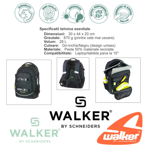 Ghiozdan scolar pentru adolescenti, Fame 2.0 Uni Dark Grey, produs Walker by Schneiders, 30 x 44 x 20 cm [4]
