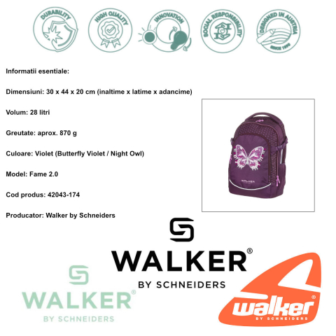 Ghiozdan scolar pentru fete, Fame Night Owl (Butterfly Violet), produs Walker by Schneiders, 30 x 44 x 20 cm, violet [3]