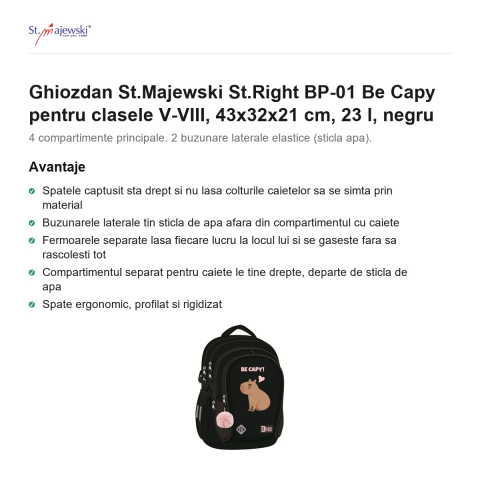 Ghiozdan St.Majewski St.Right BP-01 Be Capy pentru clasele V-VIII, 43x32x21 cm, 23 l, negru [1]