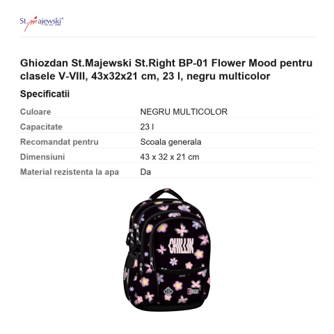 Ghiozdan St.Majewski St.Right BP-01 Flower Mood pentru clasele V-VIII, 43x32x21 cm, 23 l, negru multicolor [2]