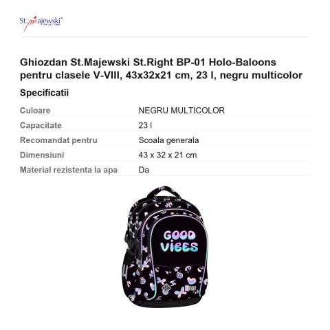 Ghiozdan St.Majewski St.Right BP-01 Holo-Baloons pentru clasele V-VIII, 43x32x21 cm, 23 l, negru multicolor [2]