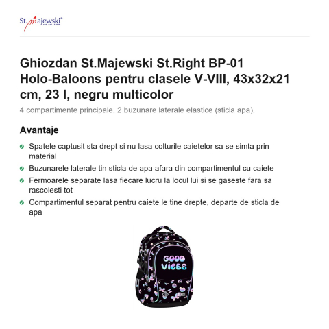 Ghiozdan St.Majewski St.Right BP-01 Holo-Baloons pentru clasele V-VIII, 43x32x21 cm, 23 l, negru multicolor [1]
