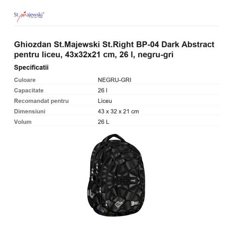 Ghiozdan St.Majewski St.Right BP-04 Dark Abstract pentru liceu, 43x32x21 cm, 26 l, negru-gri [2]