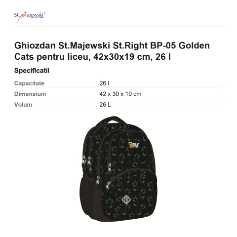 Ghiozdan St.Majewski St.Right BP-05 Golden Cats pentru liceu, 42x30x19 cm, 26 l [2]