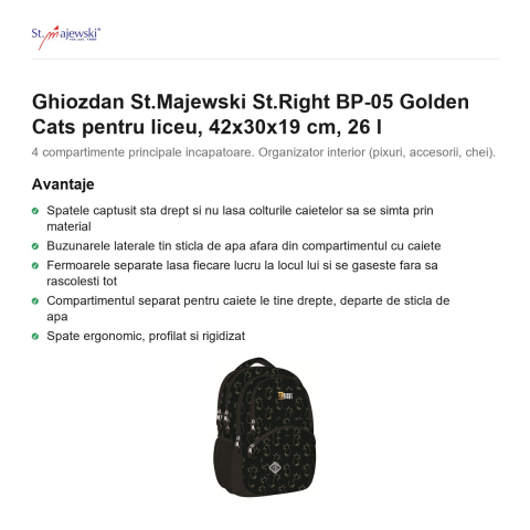 Ghiozdan St.Majewski St.Right BP-05 Golden Cats pentru liceu, 42x30x19 cm, 26 l [1]