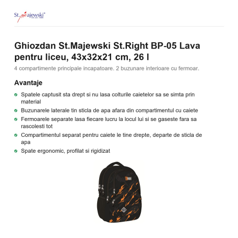 Ghiozdan St.Majewski St.Right BP-05 Lava pentru liceu, 43x32x21 cm, 26 l [1]