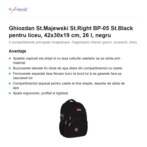 Ghiozdan St.Majewski St.Right BP-05 St.Black pentru liceu, 42x30x19 cm, 26 l, negru [1]