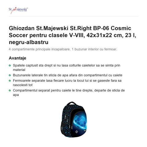 Ghiozdan St.Majewski St.Right BP-06 Cosmic Soccer pentru clasele V-VIII, 42x31x22 cm, 23 l, negru-albastru [1]