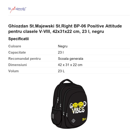 Ghiozdan St.Majewski St.Right BP-06 Positive Attitude pentru clasele V-VIII, 42x31x22 cm, 23 l, negru [2]